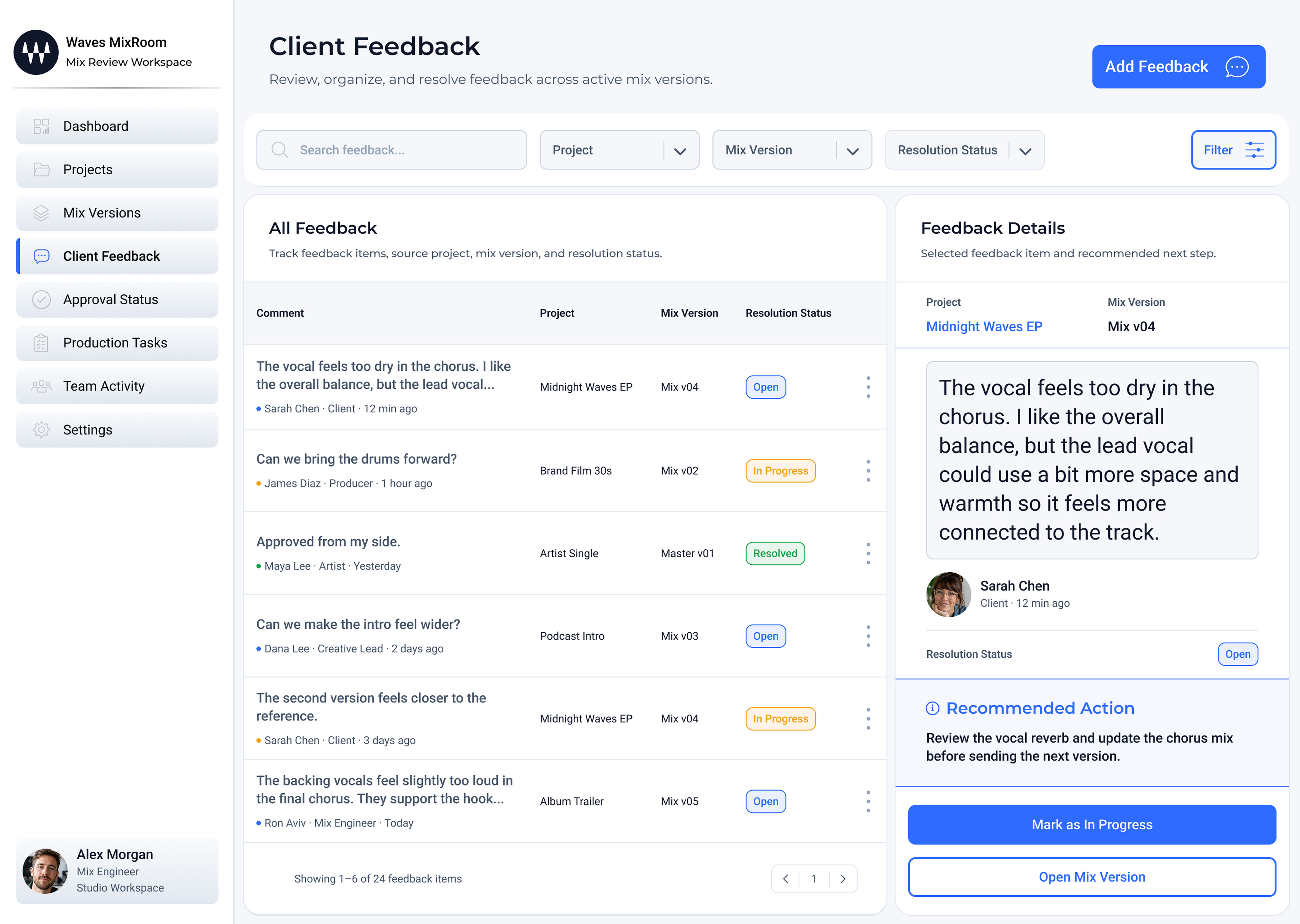 Client Feedback screen